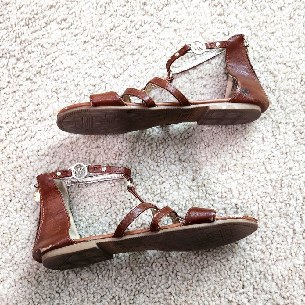 Michael Kors Strappy Sandals Brown Gladiator Shoes Gold MK Logo Accents Size 5